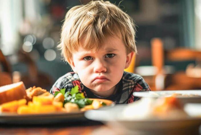 Grumpy toddler sits in front of plates of food